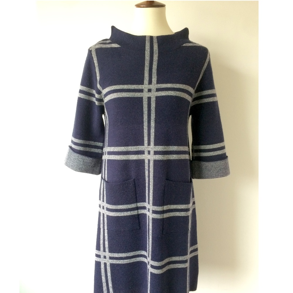 Windowpane Plaid Navy and Ivory Sweater Dress
